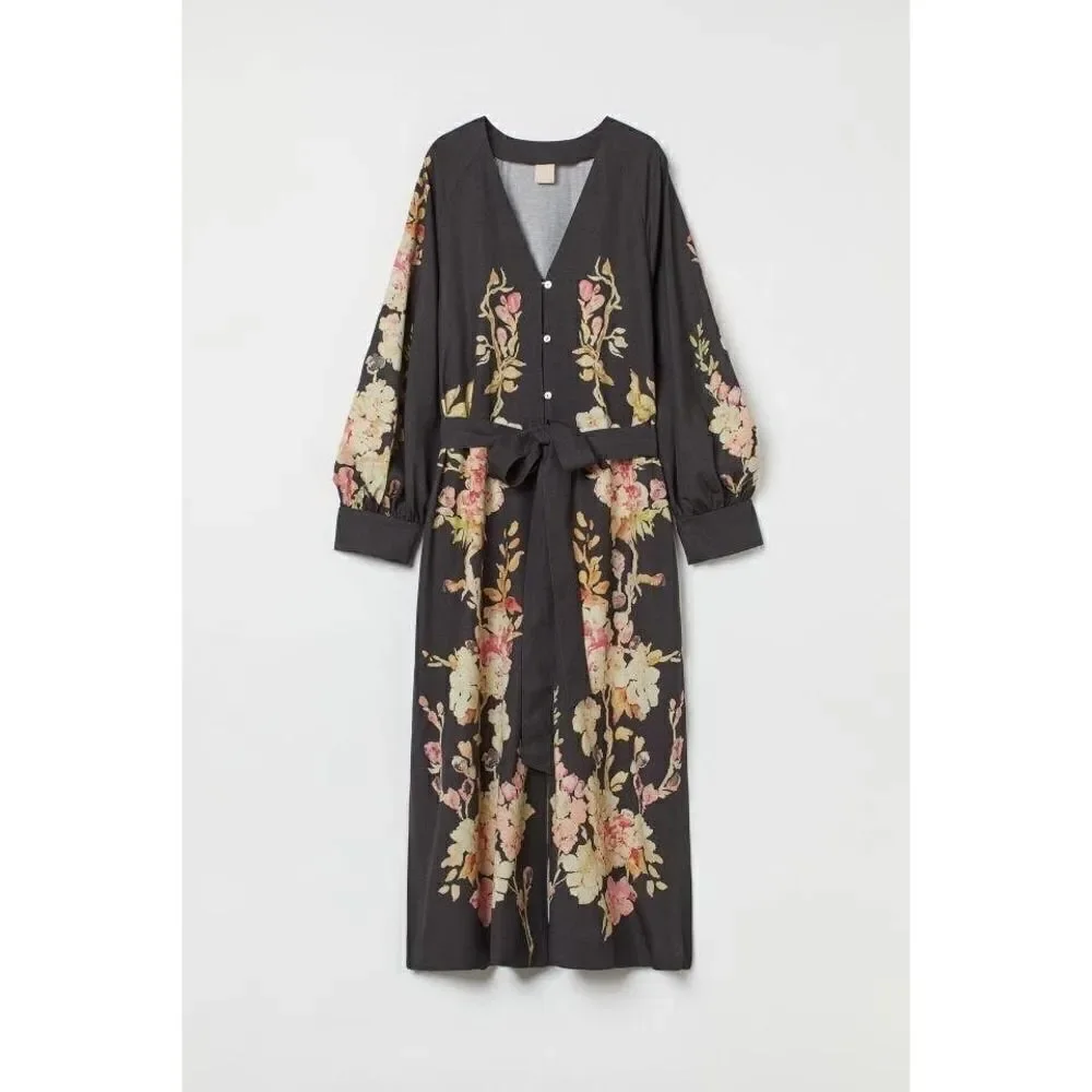 H&M Limited Floral Print Dress Linen Blend New - Picture 7 of 12
